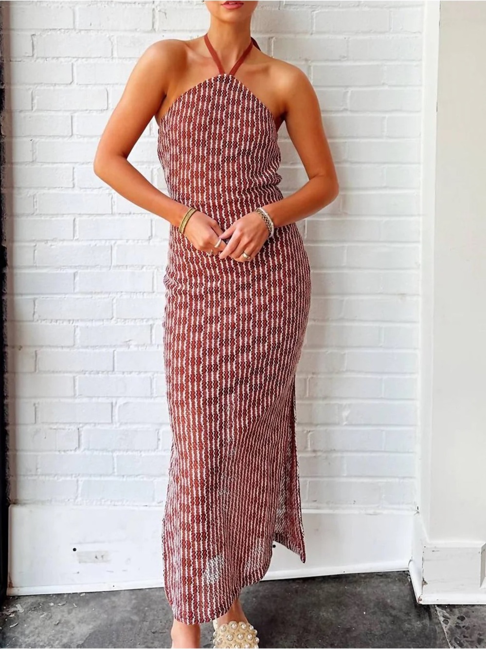 Steve Madden Tatum Halter Knit Maxi Dress in Rust Stripe